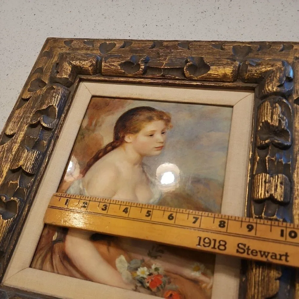Gold wooden Framed Picture Of Young Girl With Flowers matted 18x16